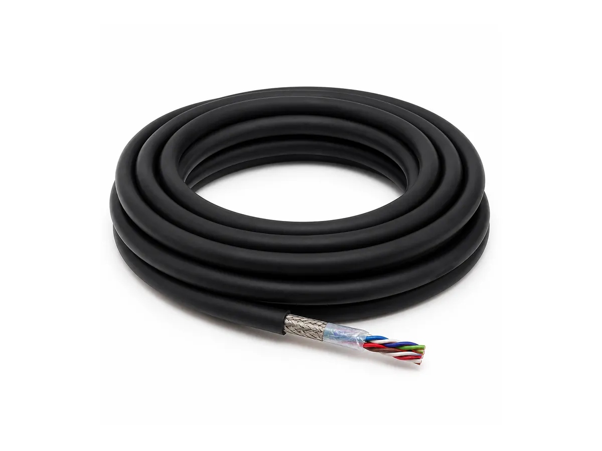 Coiled linear motor encoder cable on white background