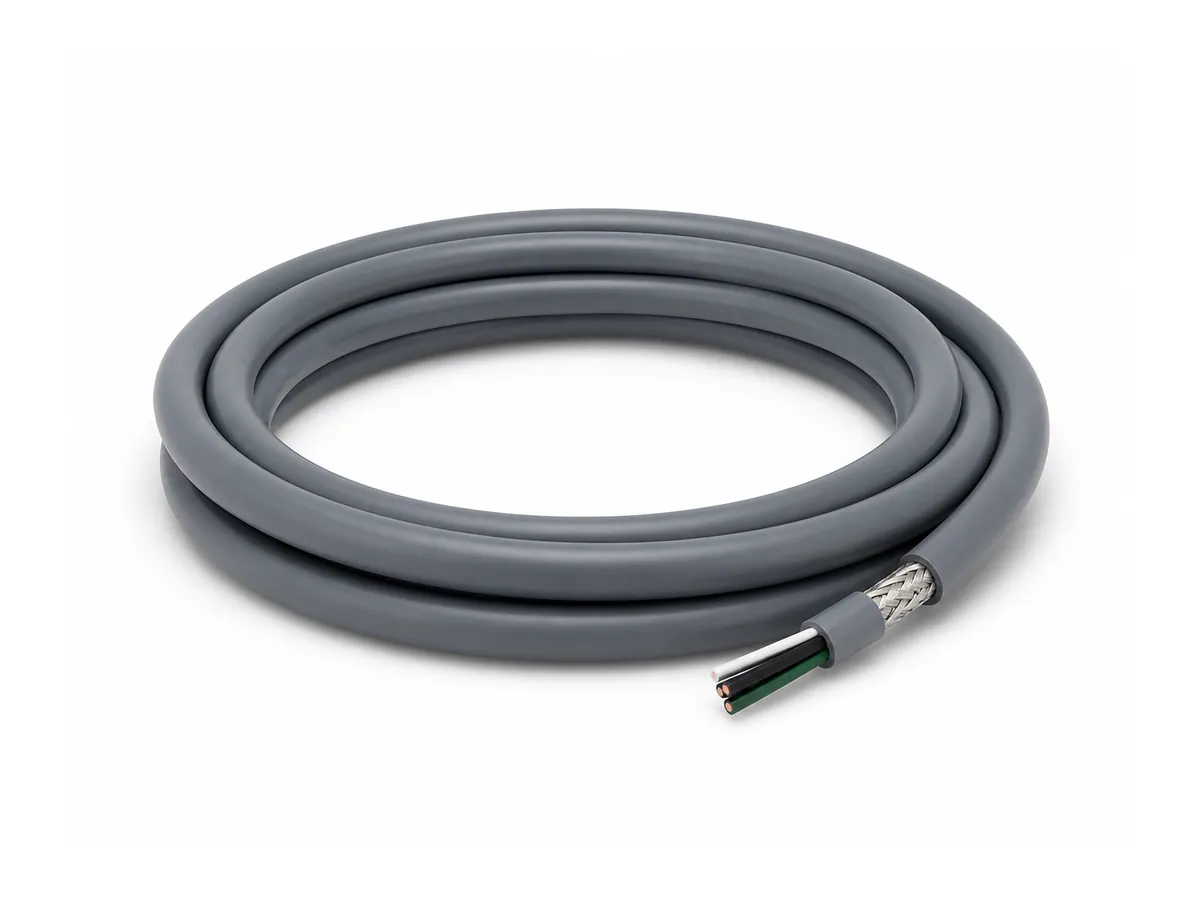 Coiled shielded drag chain control cable on white background