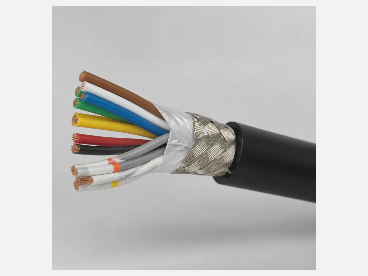 Encoder control cable showing color-coded cores and shield layers